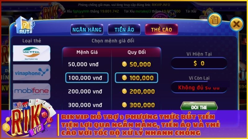 Giao diện rút tiền RIKVIP trực quan với 3 phương thức linh hoạt: Ngân hàng nội địa, ví điện tử Tiền ảo và Thẻ cào điện thoại