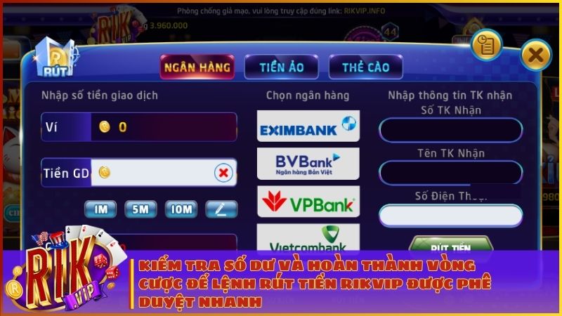 Hãy kiểm tra số dư khả dụng và hoàn tất các yêu cầu vòng cược khuyến mãi để lệnh rút tiền RIKVIP được phê duyệt