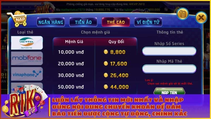 Luôn lấy thông tin mới nhất và nhập đúng nội dung chuyển khoản để đảm bảo tiền được cộng tự động, chính xác