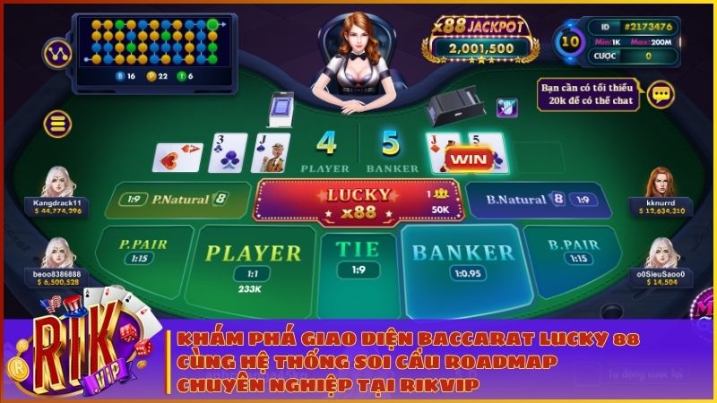 Giao diện sảnh chơi Baccarat Lucky 88 hiện đại tích hợp bảng thống kê soi cầu chi tiết